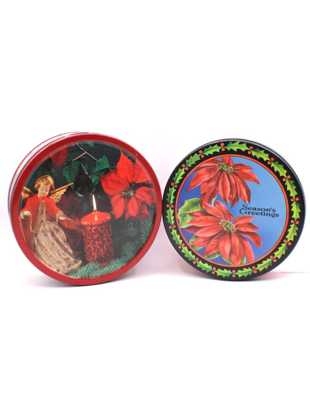 Set of 2 Holiday Tins Poinsettia Angel Design Candy Gift Cookie Containers 16oz